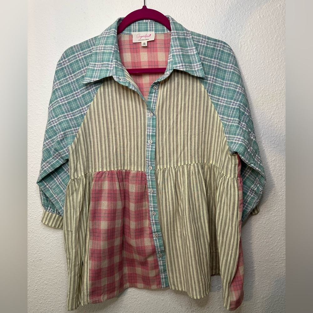 Sugarfox Pink and Green Plaid Boho Babydoll Shirt